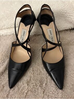 Jimmy Choo Black Leather Pointed Toe Crisscross Slingback Heels